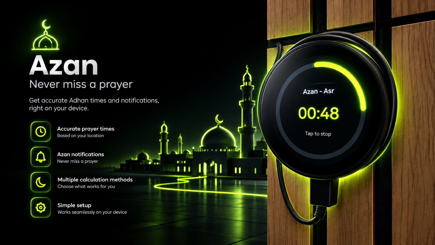 VarAudio Azan: accurate prayer times, Azan notifications, multiple calculation methods and simple setup. The device shows an Asr Azan countdown with Tap to stop.