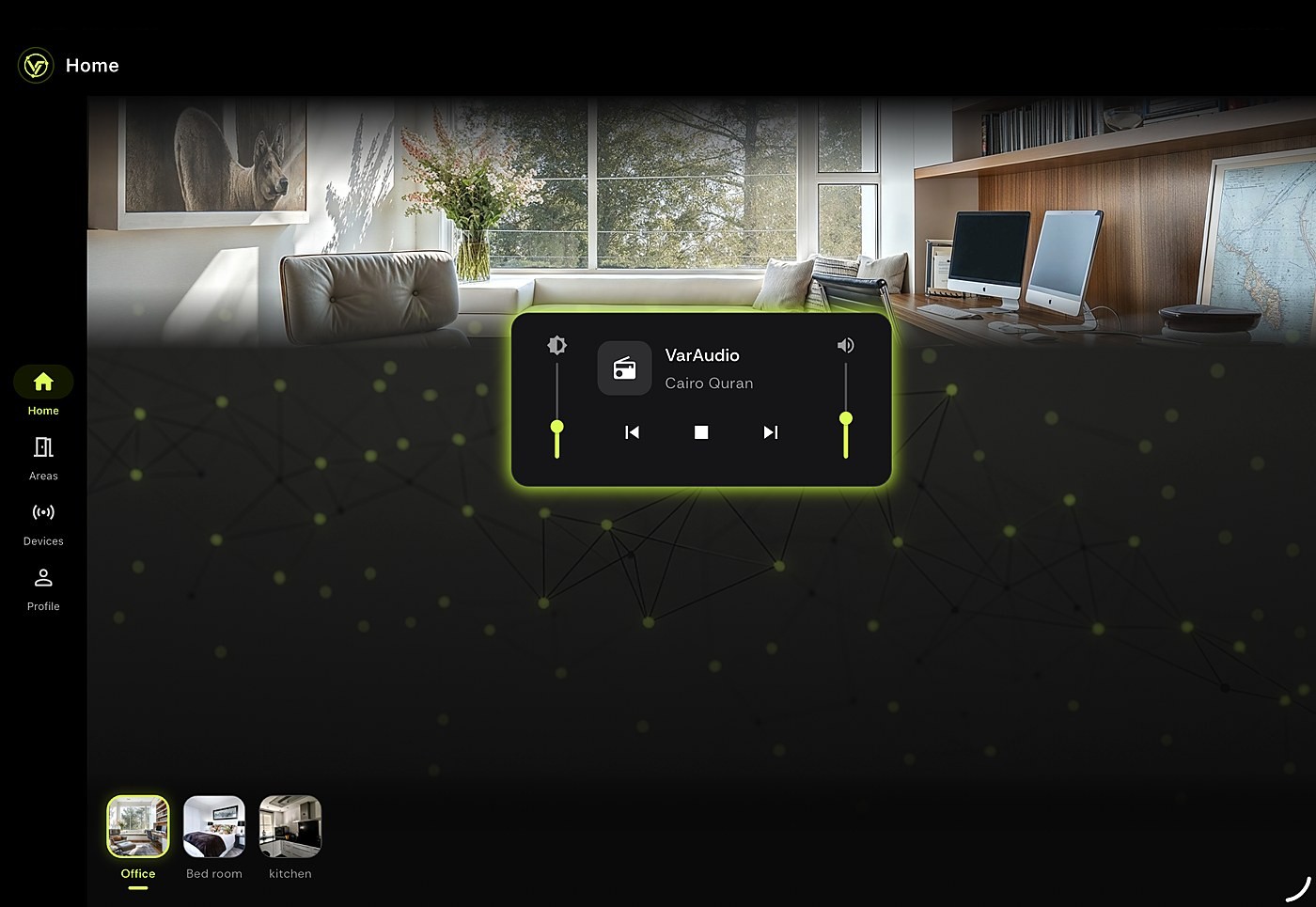 VarThings home dashboard with VarAudio player control and room areas