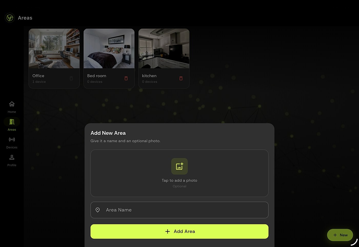 VarThings areas manager — Office, Bed room and Kitchen with Add New Area sheet