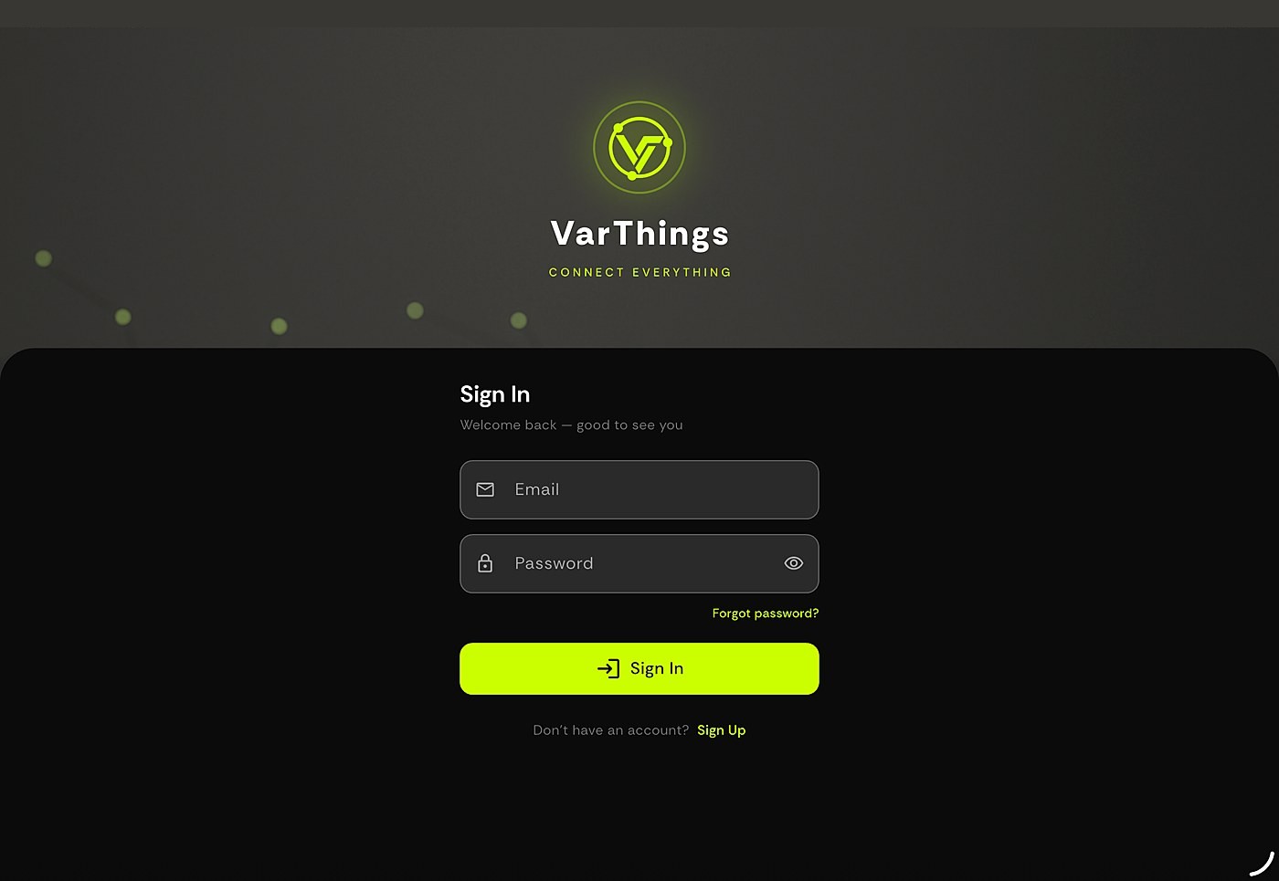VarThings sign in screen